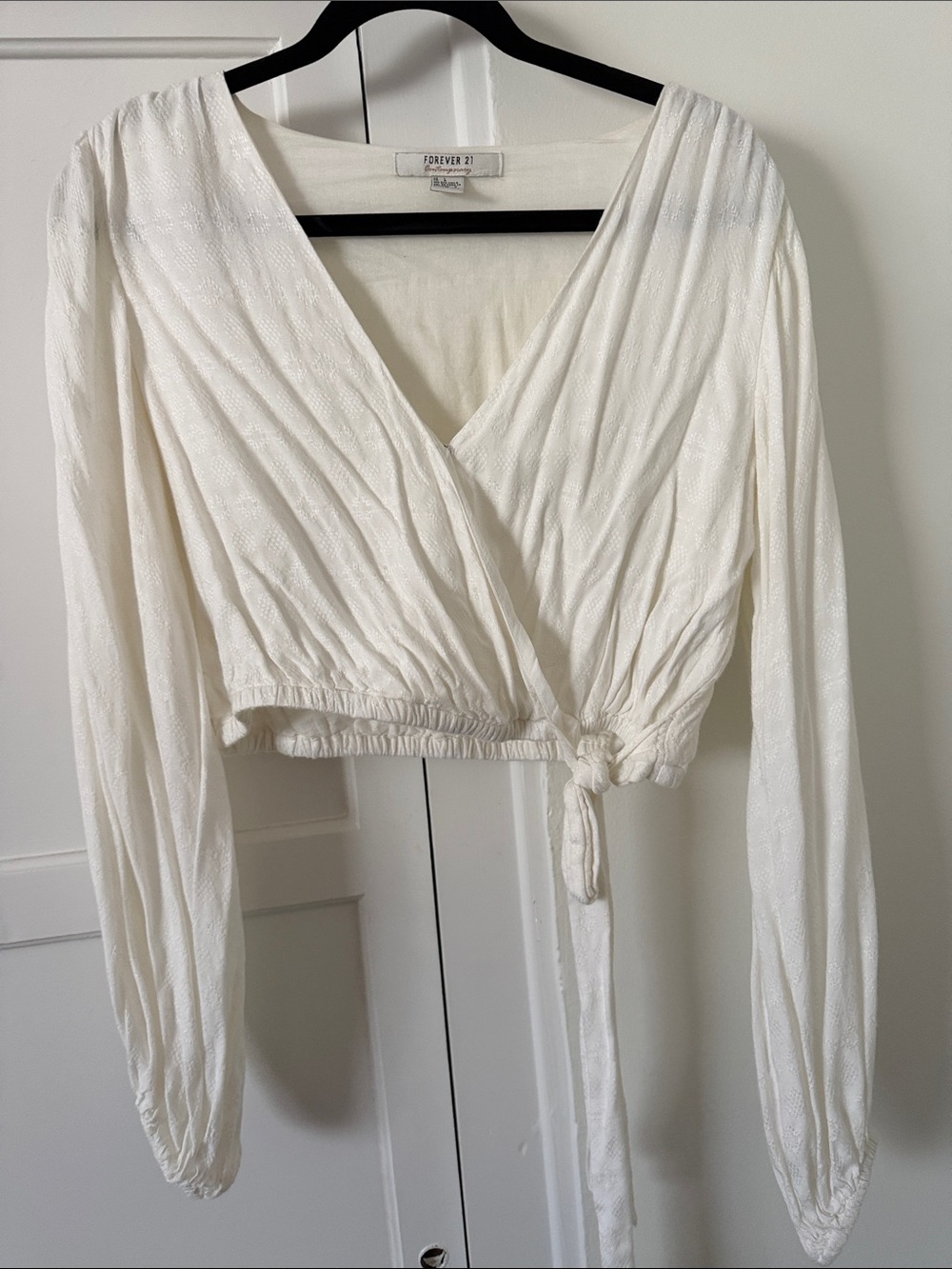 Forever 21 White Wrap Tie-Front Long Sleeve Crop Top